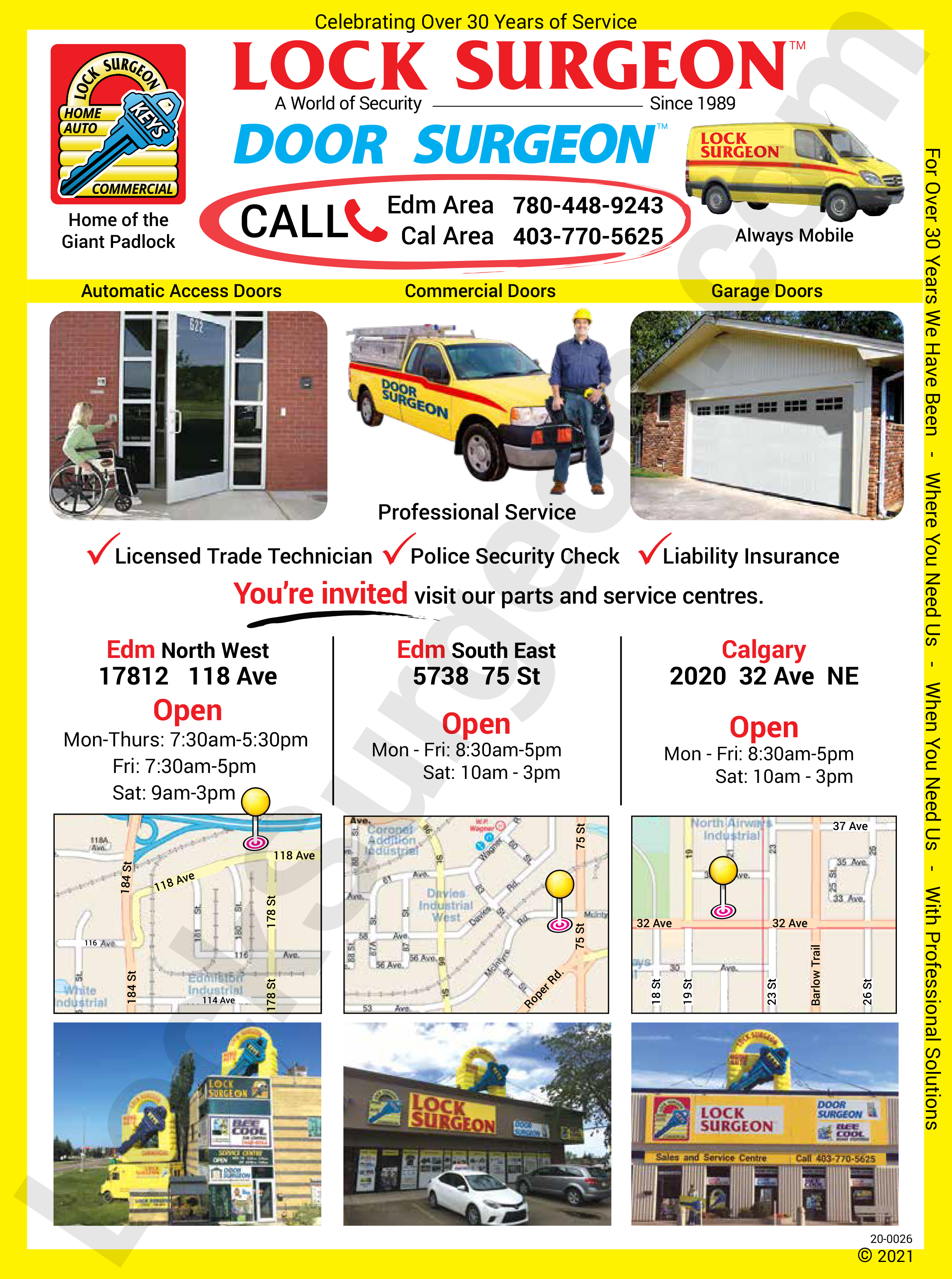 Always mobile repair and service for automatic access doors, commercial doors & garage doors. Professional service, licensed trade technician, police security checks, liability insurance.